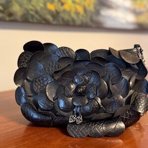 Brighton Rosalie Black Leather Floral Shoulder Bag Silver Tone Chain Strap